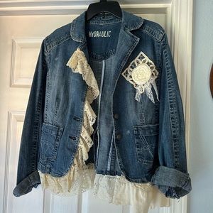Embellished Hydraulic ladies denim jacket with cream lace trim & flower